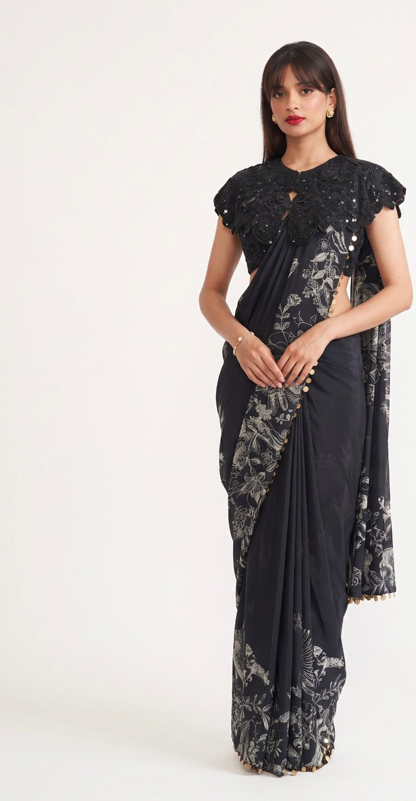 Dupion Silk Printed Drape Saree with Embroidered Bustier & Bib