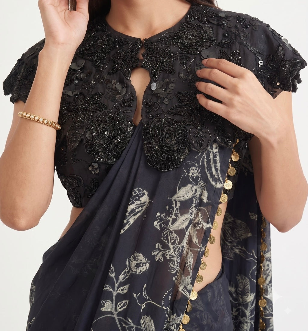 Dupion Silk Printed Drape Saree with Embroidered Bustier & Bib