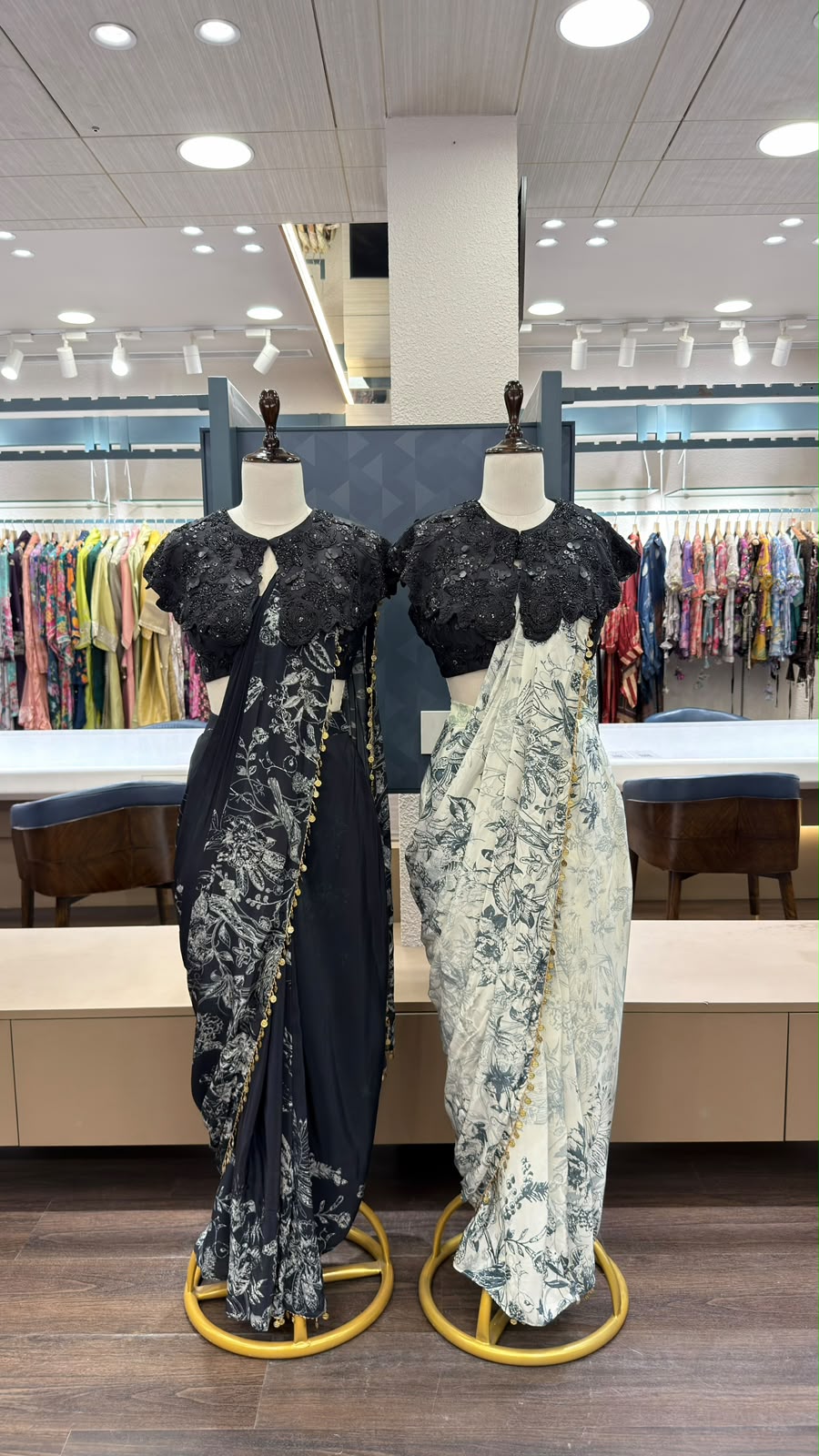 Dupion Silk Printed Drape Saree with Embroidered Bustier & Bib