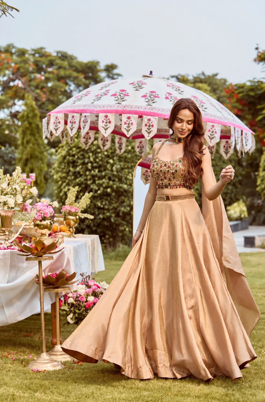 Women’s Embellished Blouse & Flared Lehenga Set with Dupatta