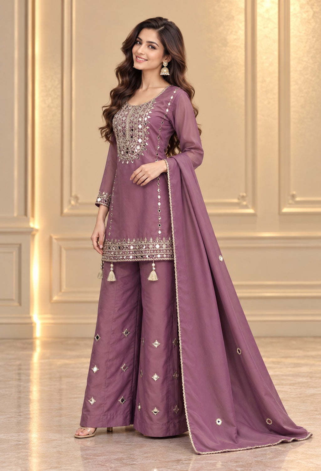 Women’s Shimmer Silk Mirror Work Suit Palazzo Set with Dupatta