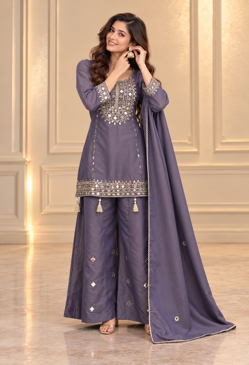 Women’s Shimmer Silk Mirror Work Suit Palazzo Set with Dupatta