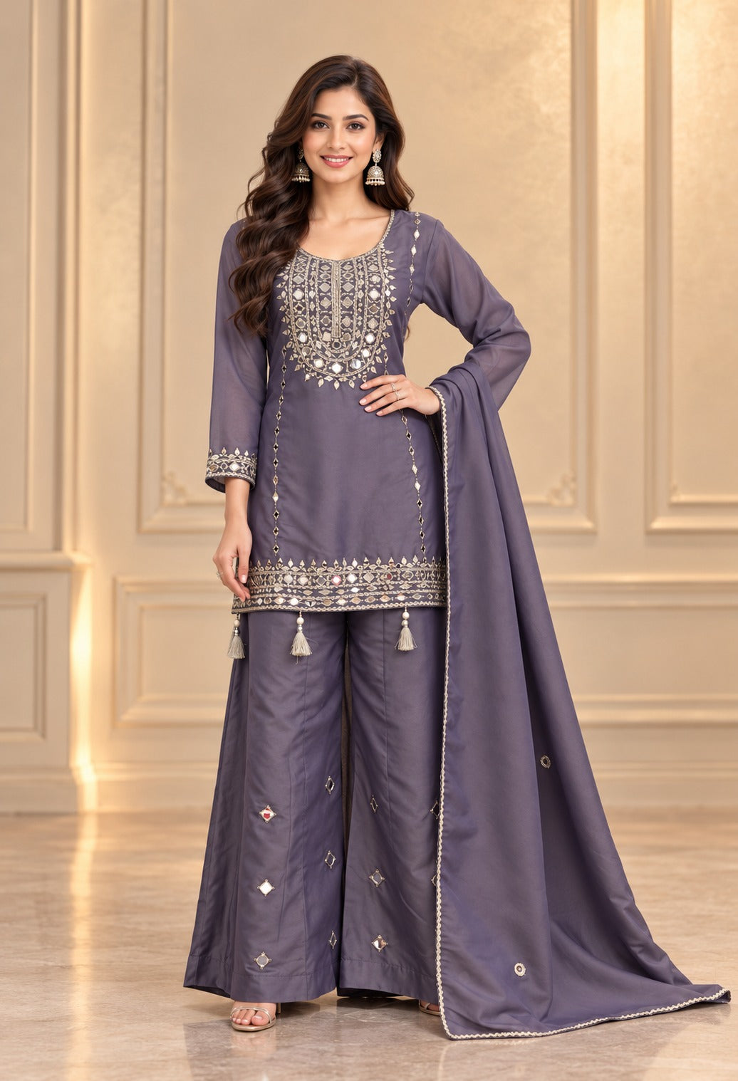 Women’s Shimmer Silk Mirror Work Suit Palazzo Set with Dupatta
