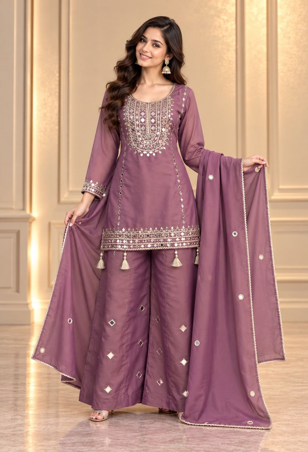 Women’s Shimmer Silk Mirror Work Suit Palazzo Set with Dupatta