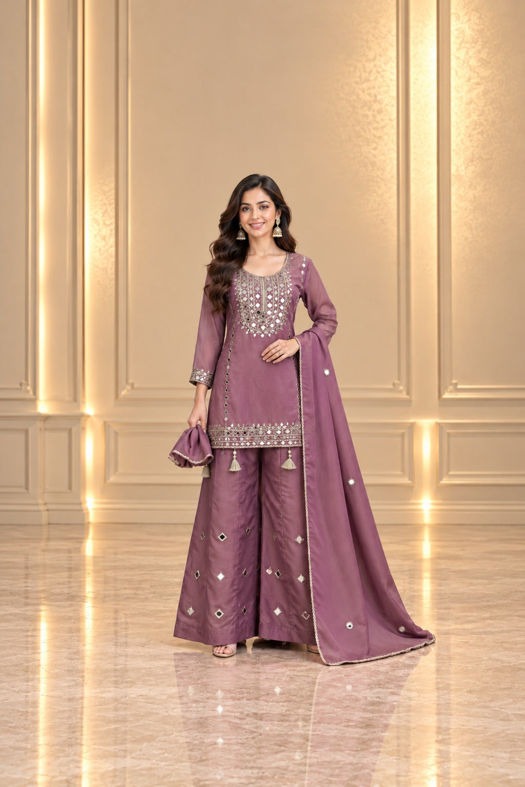 Women’s Shimmer Silk Mirror Work Suit Palazzo Set with Dupatta