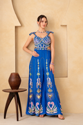 Women’s Blue Printed Crop Top & Flared Palazzo Outfit Set