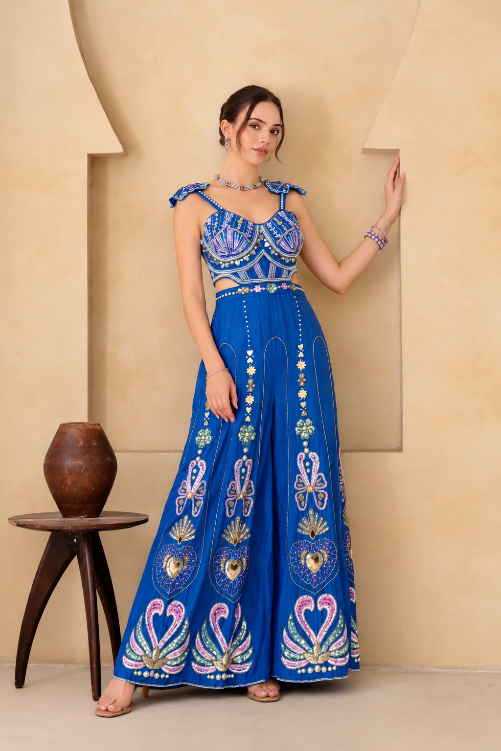 Women’s Blue Printed Crop Top & Flared Palazzo Outfit Set