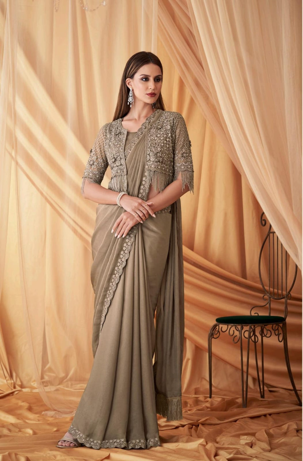 Women’s Sparkling Satin Georgette Saree with Jacket & Inner