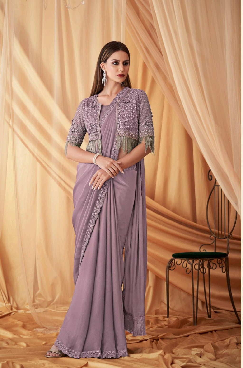 Women’s Sparkling Satin Georgette Saree with Jacket & Inner