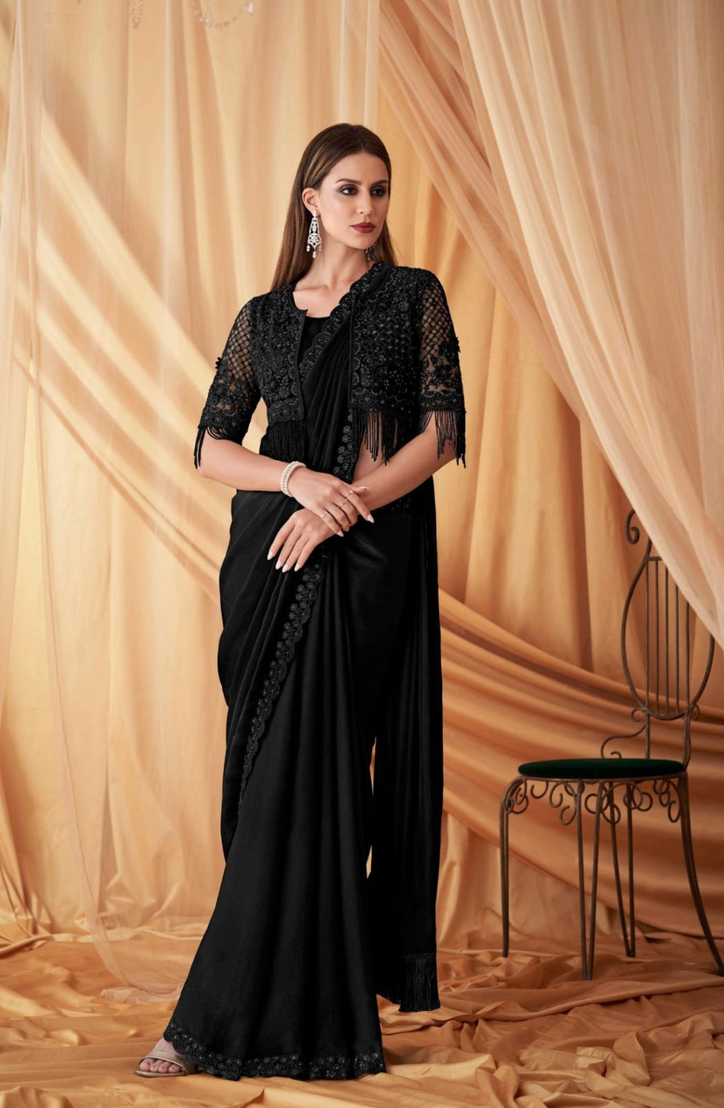 Women’s Sparkling Satin Georgette Saree with Jacket & Inner
