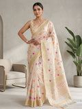 Women’s Cream Cotton Silk Saree with Multicoloured Floral Motifs