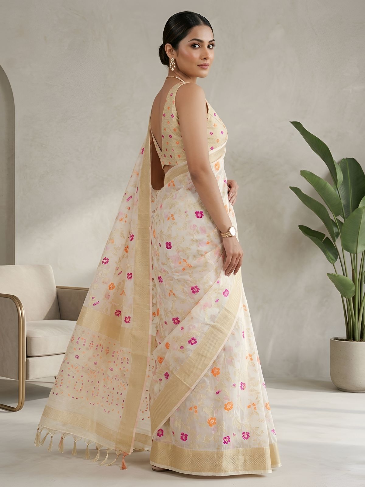 Women’s Cream Cotton Silk Saree with Multicoloured Floral Motifs