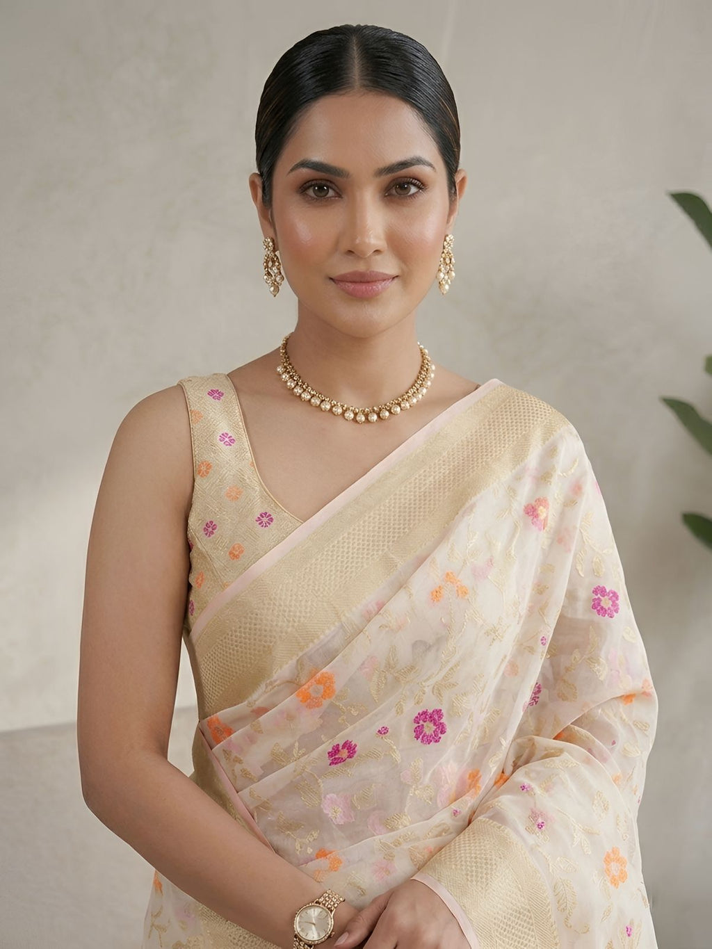 Women’s Cream Cotton Silk Saree with Multicoloured Floral Motifs