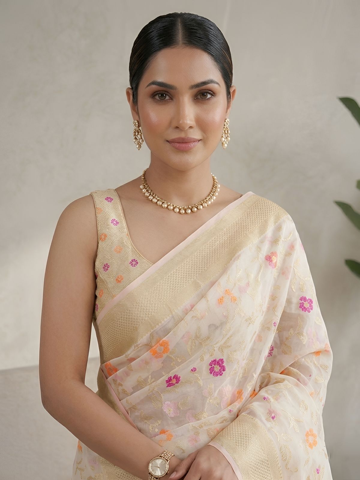 Women’s Cream Cotton Silk Saree with Multicoloured Floral Motifs