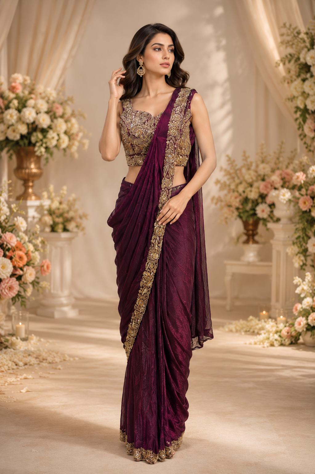 Women’s Satin Saree with Beadwork Blouse