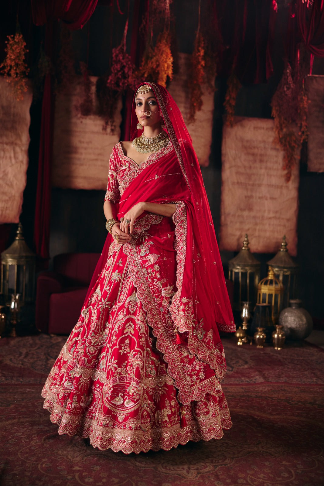 Women’s Red Bridal Lehenga Choli with Dupatta – 4 Designs
