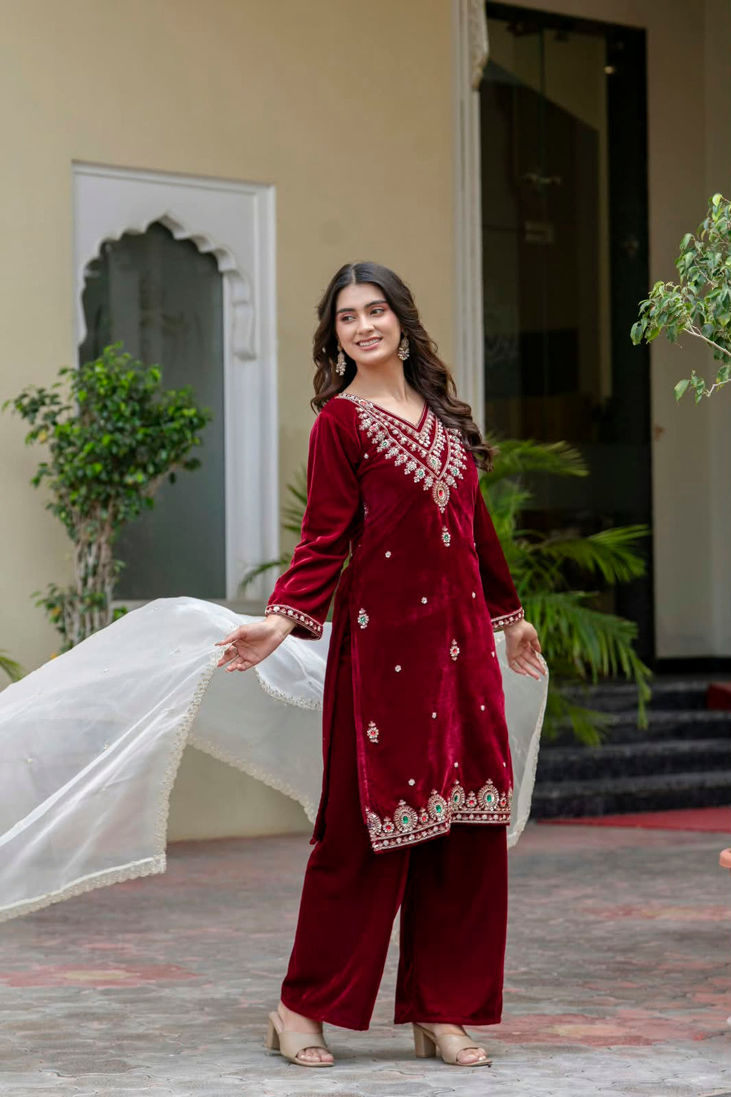 Women’s Velvet Hand-Beaded Kurti Palazzo Set with Organza Dupatta