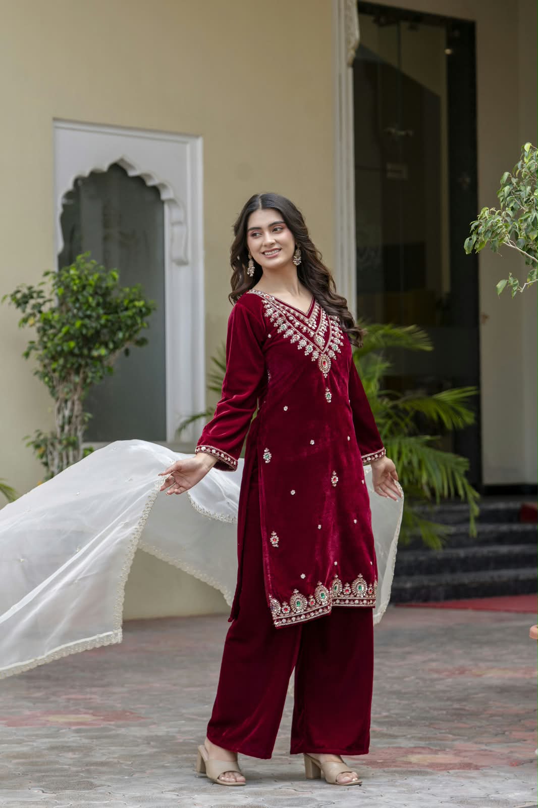Women’s Velvet Hand-Beaded Kurti Palazzo Set with Organza Dupatta