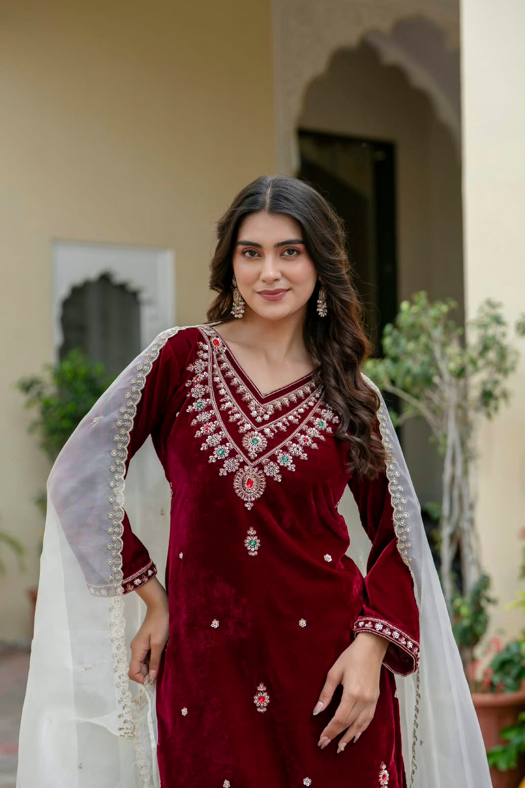 Women’s Velvet Hand-Beaded Kurti Palazzo Set with Organza Dupatta