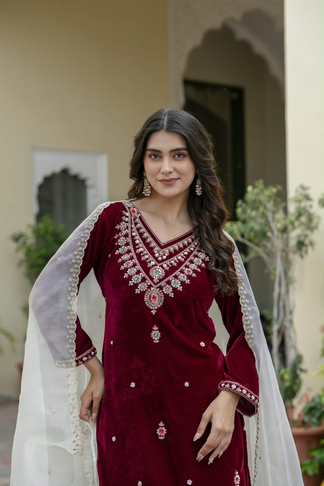 Women’s Velvet Hand-Beaded Kurti Palazzo Set with Organza Dupatta