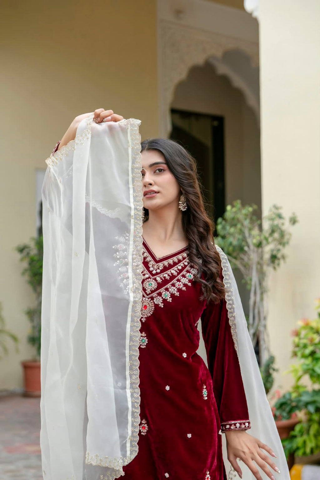 Women’s Velvet Hand-Beaded Kurti Palazzo Set with Organza Dupatta