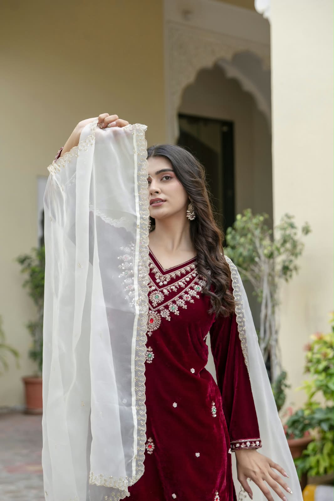 Women’s Velvet Hand-Beaded Kurti Palazzo Set with Organza Dupatta