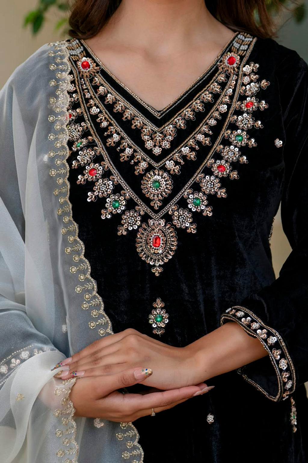 Women’s Velvet Hand-Beaded Kurti Palazzo Set with Organza Dupatta