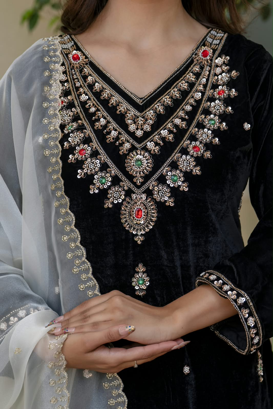 Women’s Velvet Hand-Beaded Kurti Palazzo Set with Organza Dupatta
