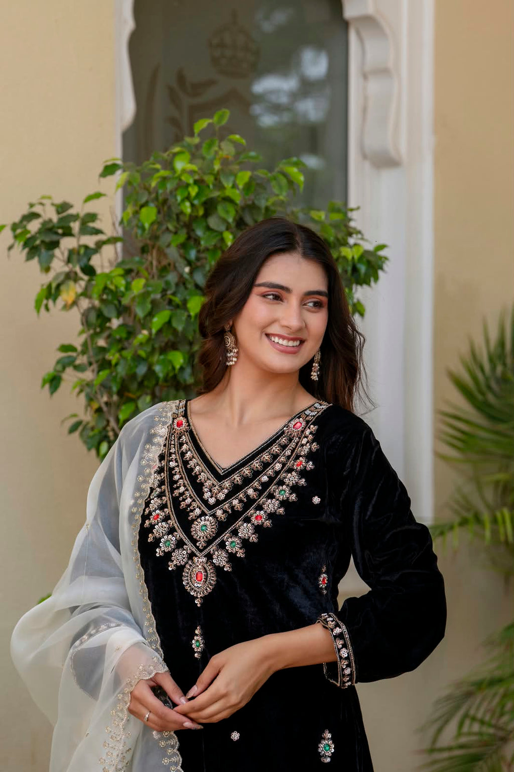 Women’s Velvet Hand-Beaded Kurti Palazzo Set with Organza Dupatta