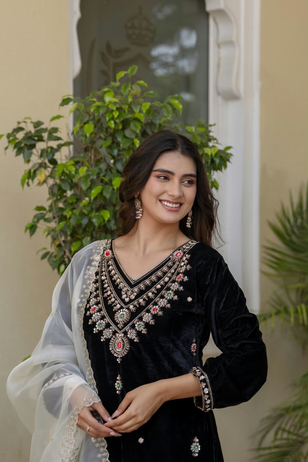 Women’s Velvet Hand-Beaded Kurti Palazzo Set with Organza Dupatta