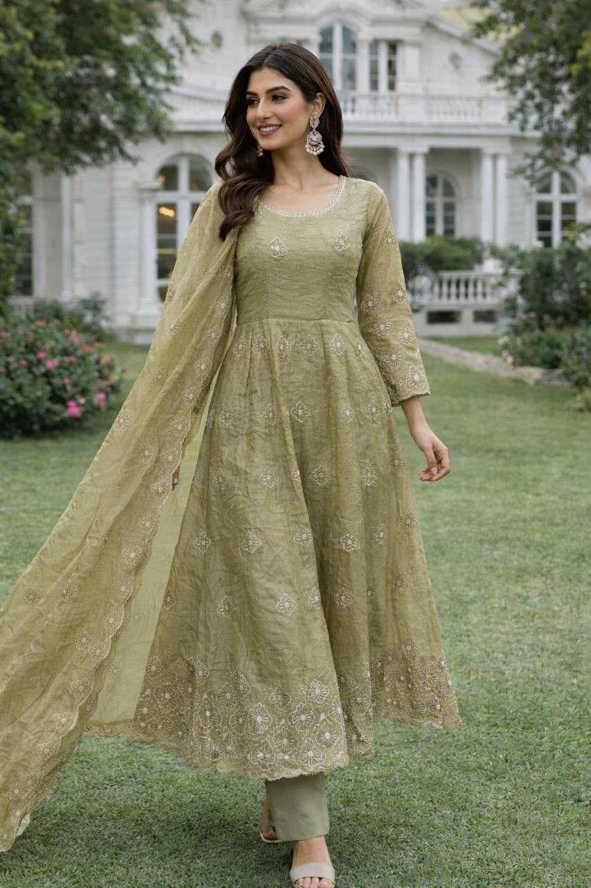 Women’s Gold Crush Silk Embroidered Gown Set with Dupatta