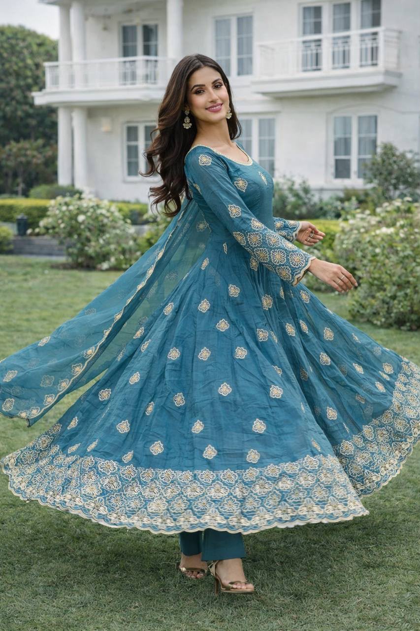 Women’s Gold Crush Silk Embroidered Gown Set with Dupatta