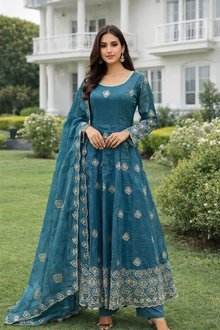 Women’s Gold Crush Silk Embroidered Gown Set with Dupatta