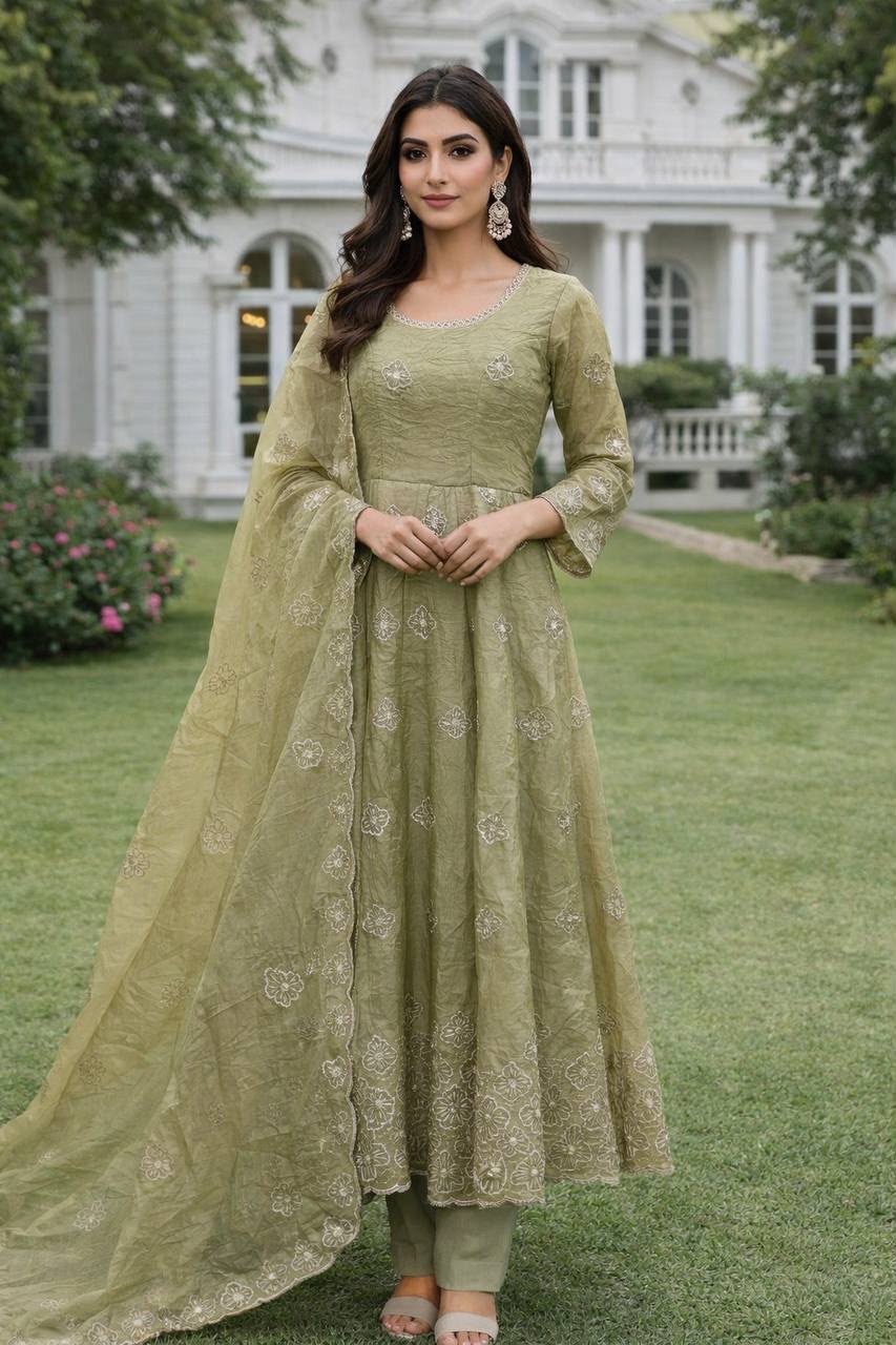 Women’s Gold Crush Silk Embroidered Gown Set with Dupatta