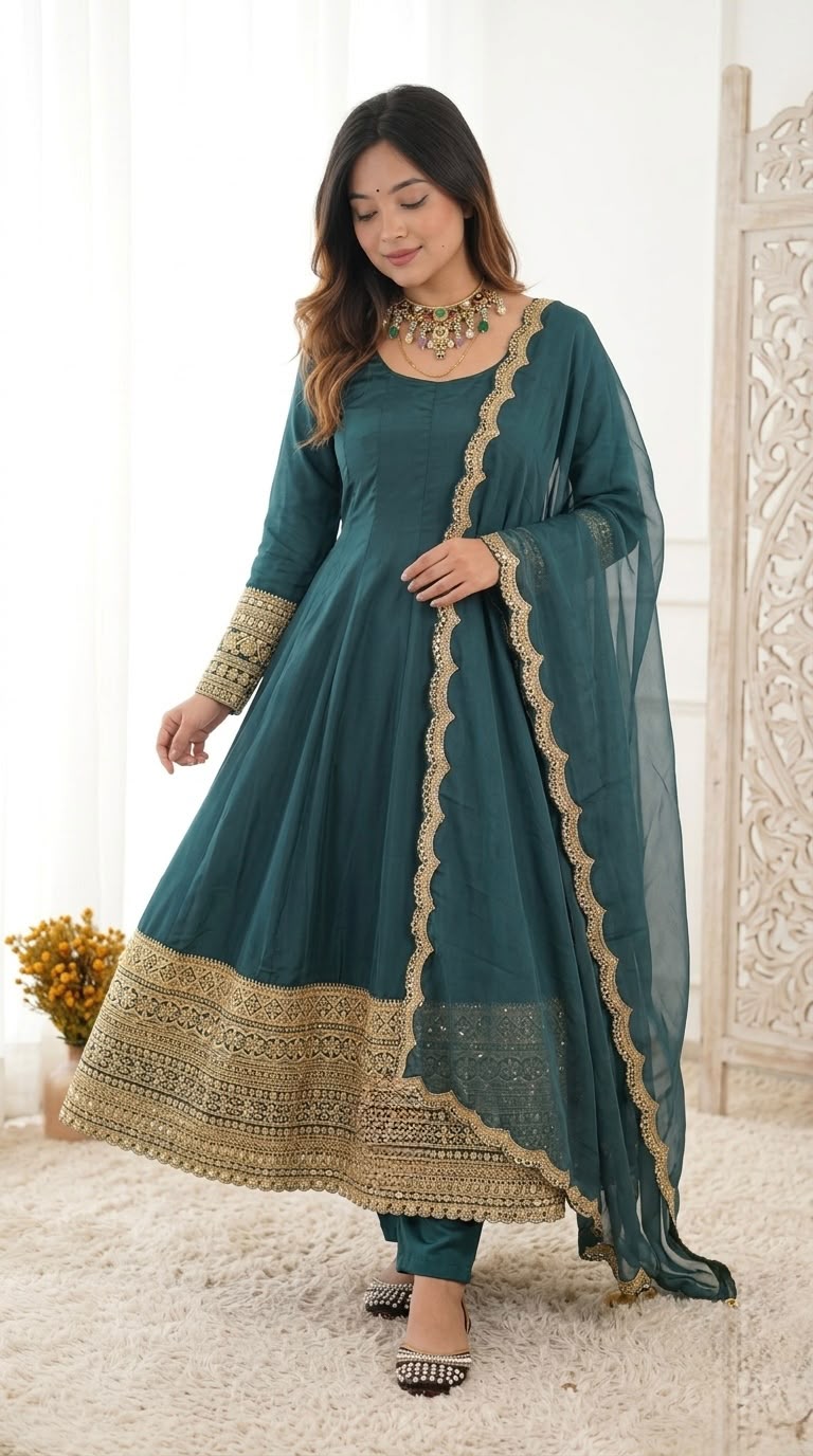 Women’s Crepe Embroidered Anarkali Suit with Organza Dupatta