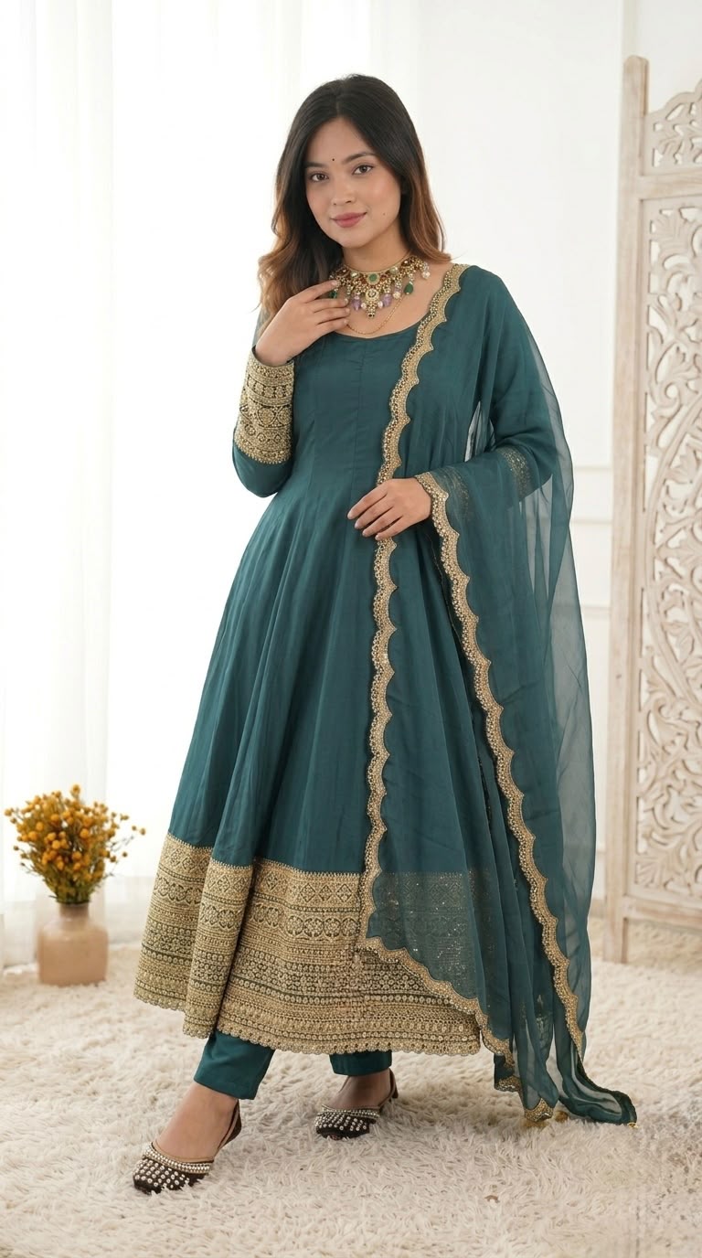 Women’s Crepe Embroidered Anarkali Suit with Organza Dupatta
