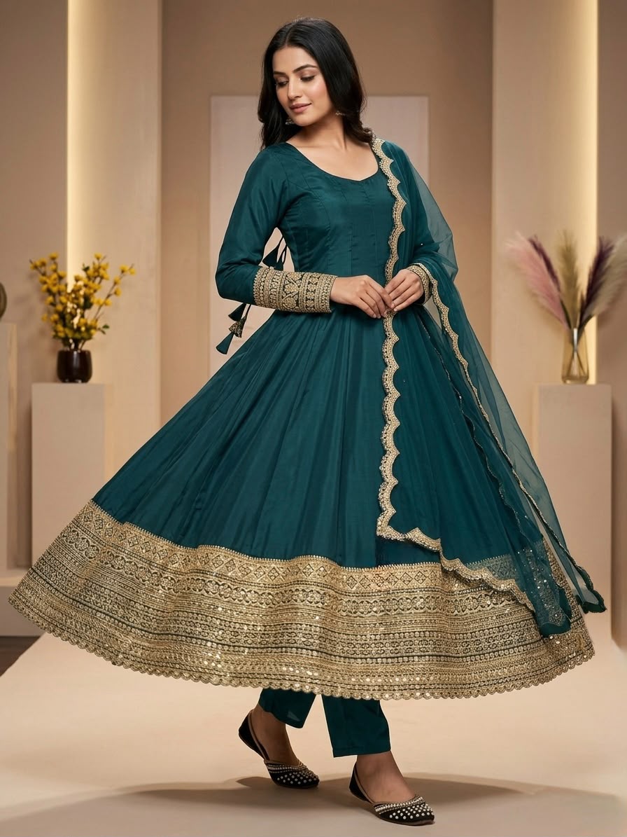 Women’s Crepe Embroidered Anarkali Suit with Organza Dupatta