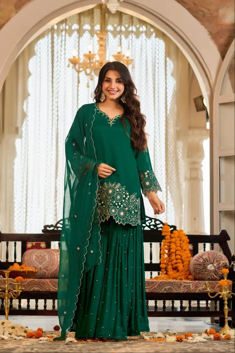 Women’s Chinon Silk Embroidered Sharara Set with Organza Dupatta