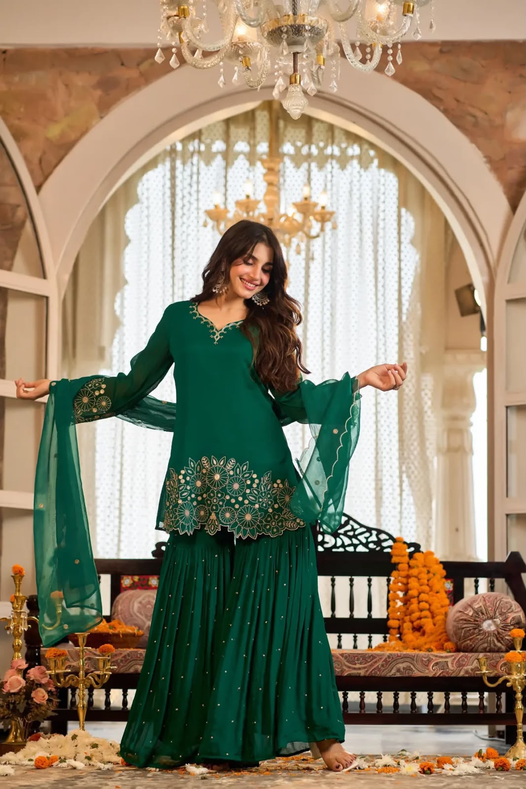 Women’s Chinon Silk Embroidered Sharara Set with Organza Dupatta