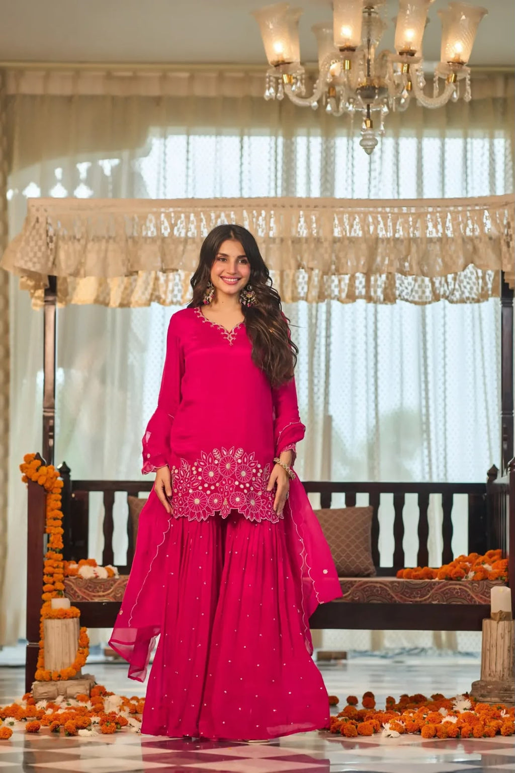 Women’s Chinon Silk Embroidered Sharara Set with Organza Dupatta