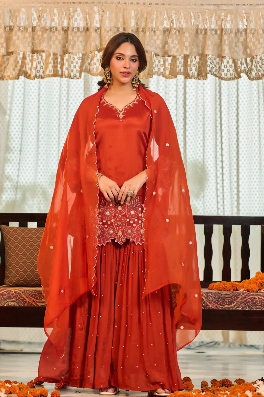 Women’s Chinon Silk Embroidered Sharara Set with Organza Dupatta