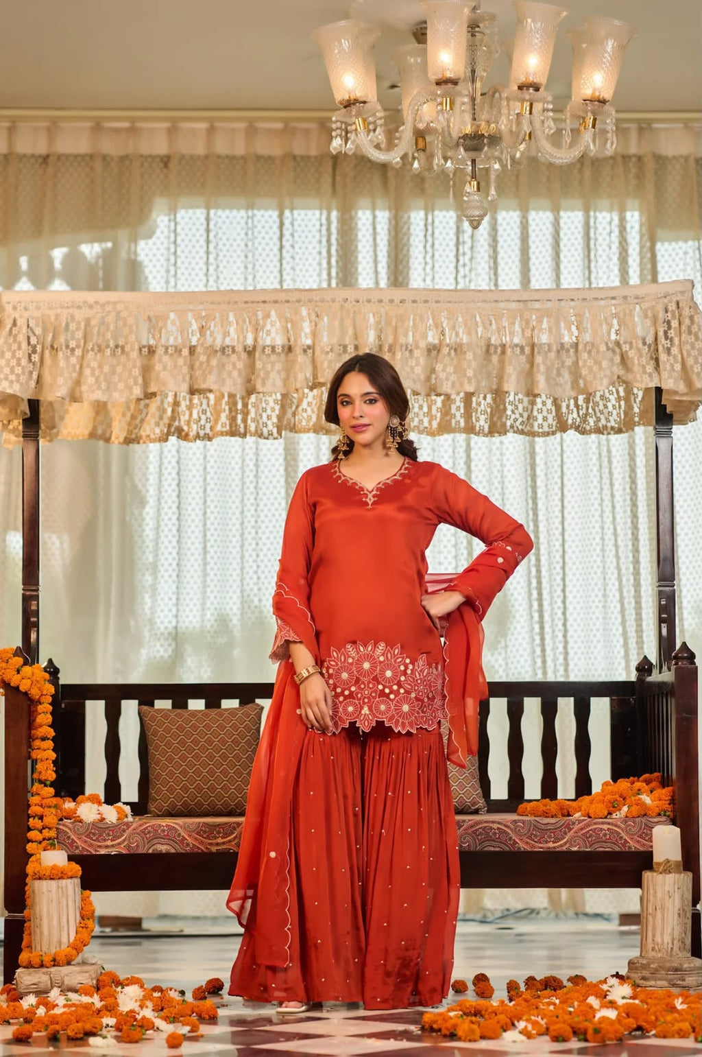 Women’s Chinon Silk Embroidered Sharara Set with Organza Dupatta