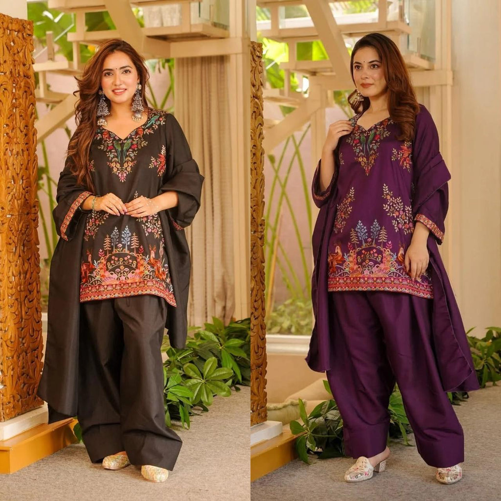 Women’s Rayon Embroidered Farshi Palazzo Suit with Dupatta