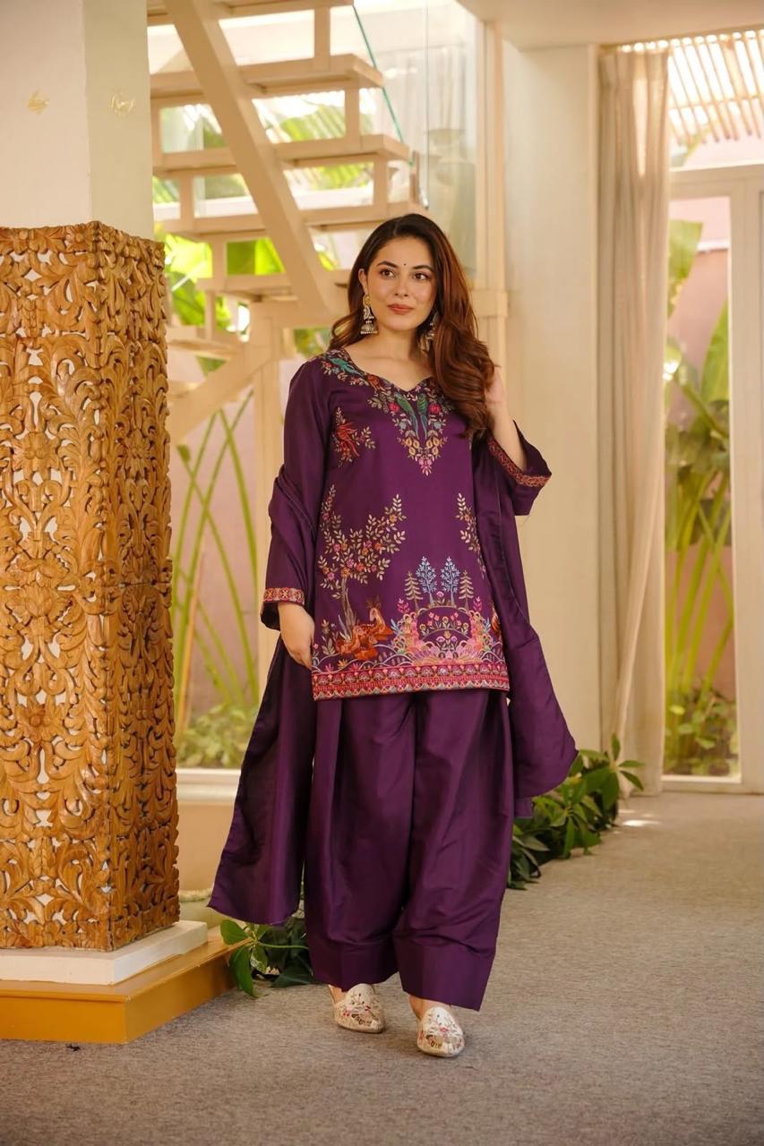 Women’s Rayon Embroidered Farshi Palazzo Suit with Dupatta