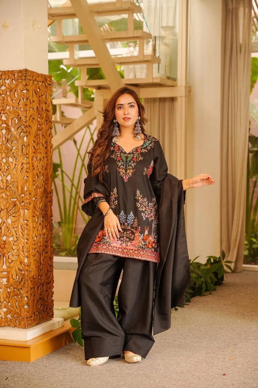 Women’s Rayon Embroidered Farshi Palazzo Suit with Dupatta