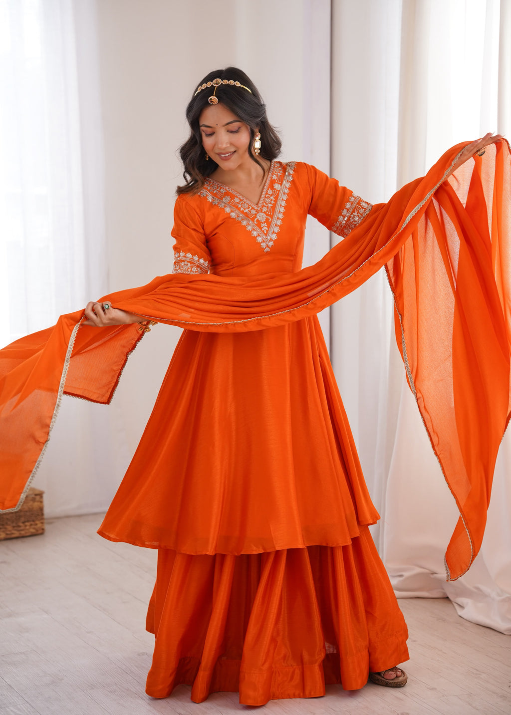 Women’s Chinon Silk Embroidered Flared Kurta Palazzo Set