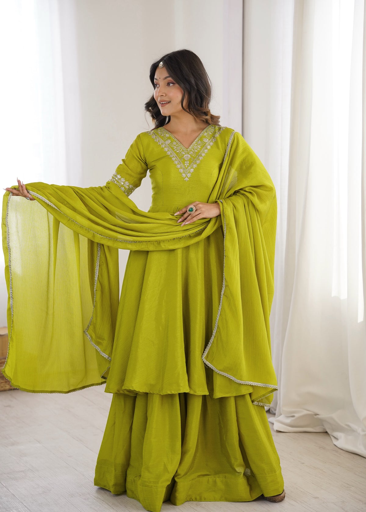 Women’s Chinon Silk Embroidered Flared Kurta Palazzo Set