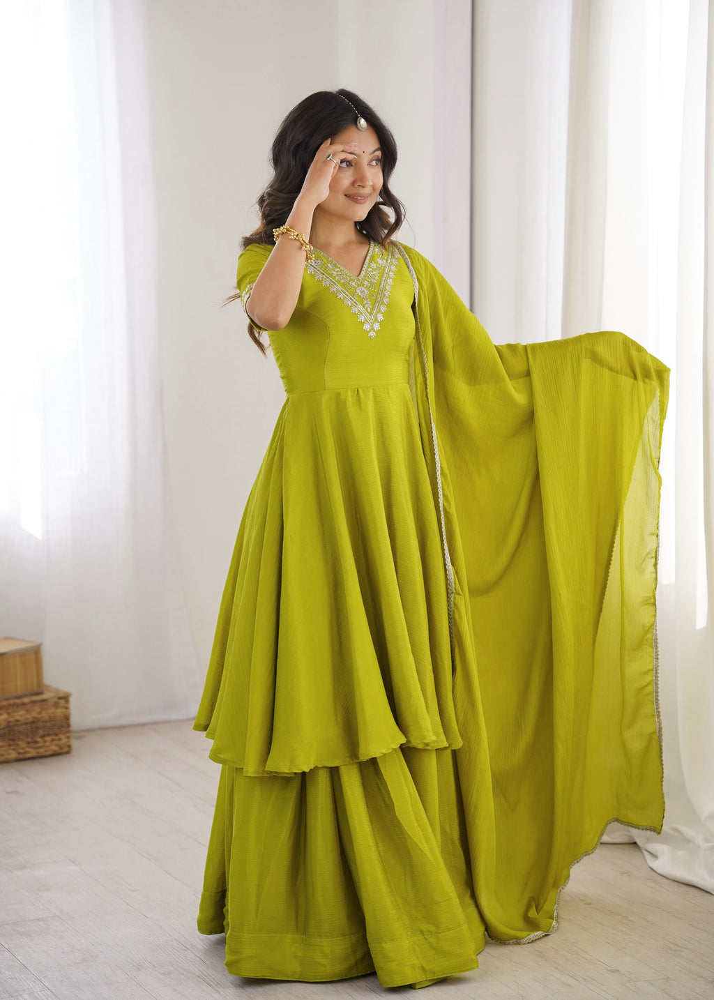 Women’s Chinon Silk Embroidered Flared Kurta Palazzo Set