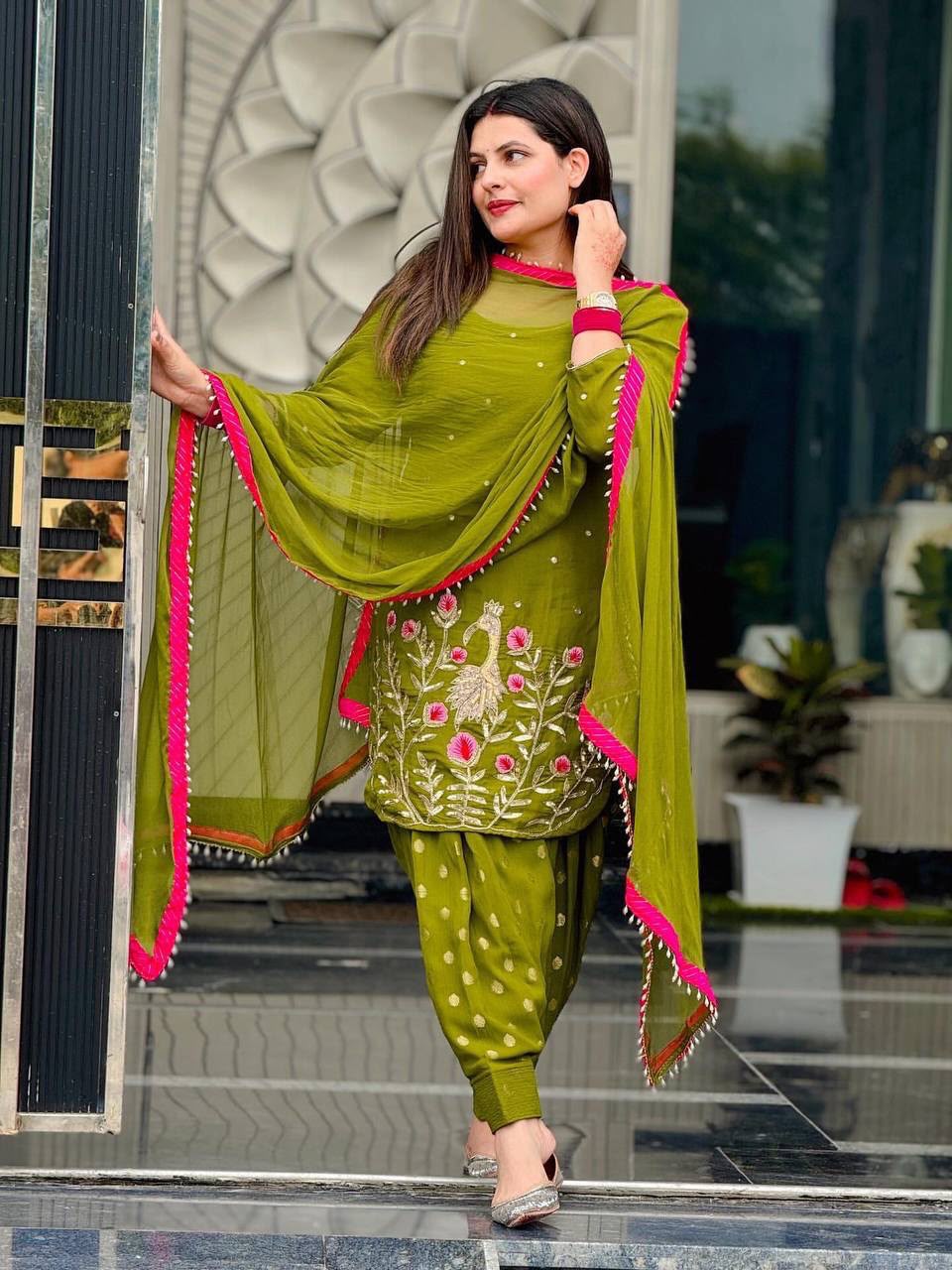 Women’s Faux Georgette Embroidered Patiala Dhoti Suit Set with Dupatta