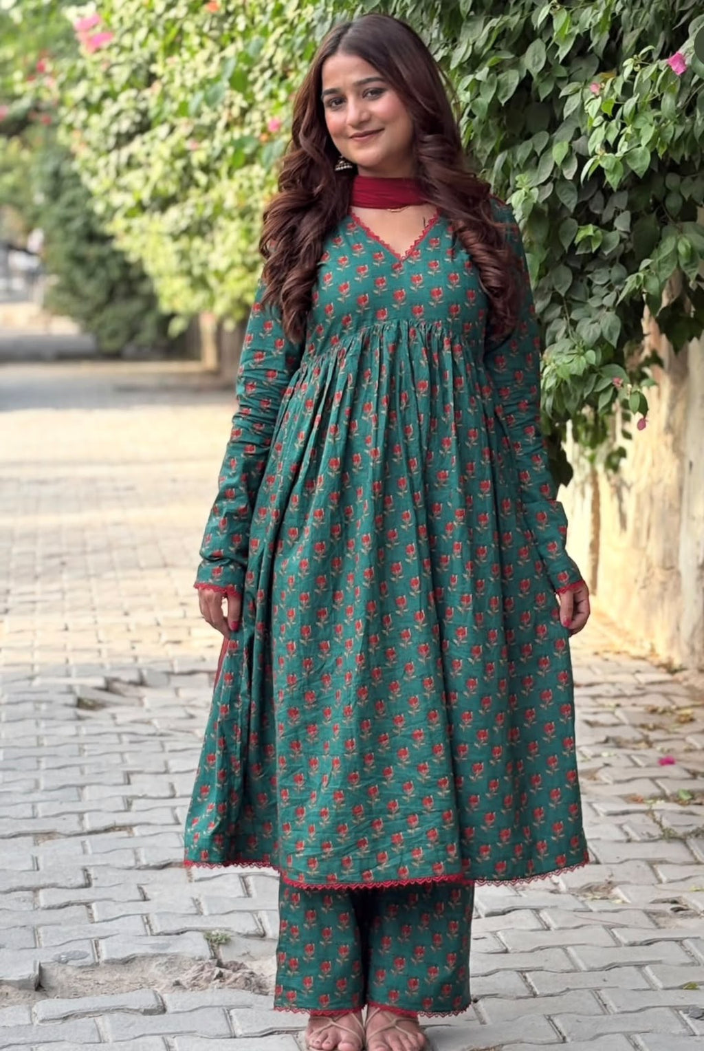 Women’s Printed Cotton Anarkali Palazzo Set with Mulmul Dupatta